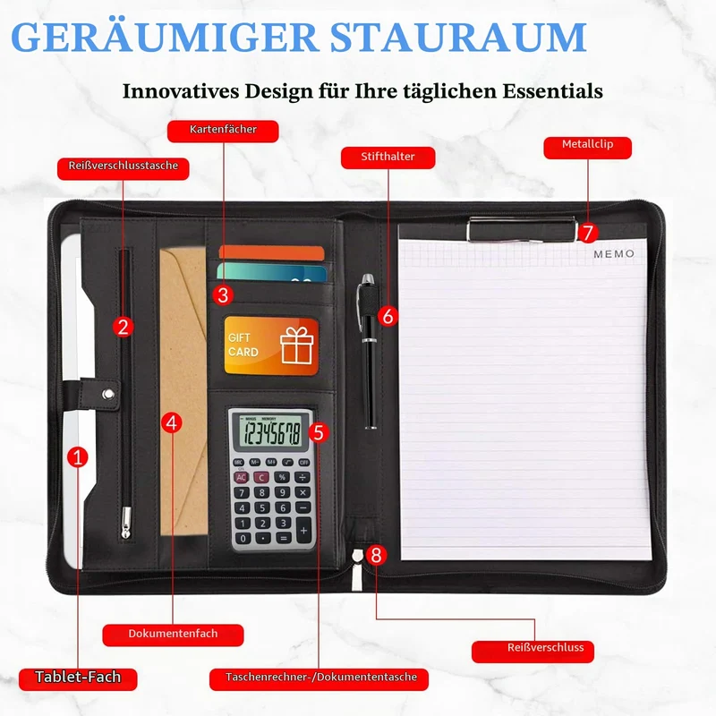 Personalisierte Ledermappe mit Reißverschluss Individuell gestalteter Business-Ordner für Damen und Herren | Ideal für Lebensläufe, Vorstellungsgespräche und als Geschenk | Strapazierfähiges PU-Leder