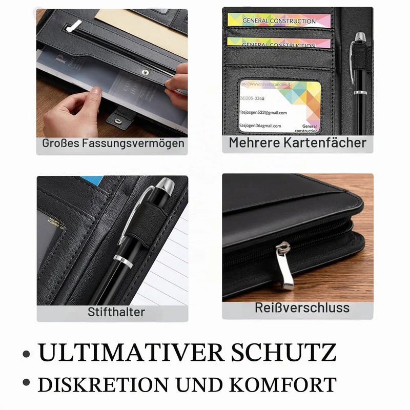 Personalisierte Ledermappe mit Reißverschluss Individuell gestalteter Business-Ordner für Damen und Herren | Ideal für Lebensläufe, Vorstellungsgespräche und als Geschenk | Strapazierfähiges PU-Leder