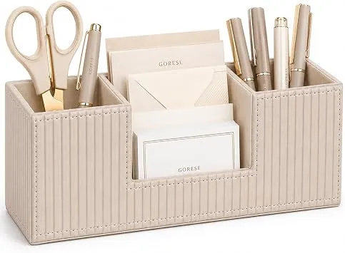 GORESE Schreibtisch Organizer,Multifunktionaler Stiftehalter Schreibtisch Stifte Organizer PU Leder Tisch Organizer Mit 4 Fächer Büro Organizer Büroorganisation Büro Gadgets für Büro Zuhause(Beige)