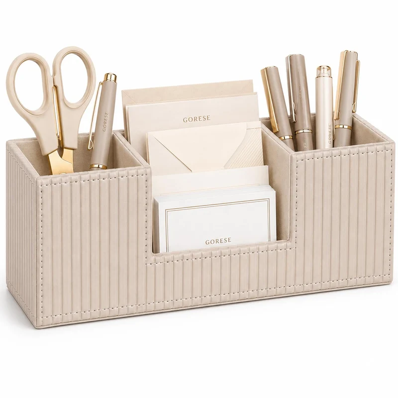 GORESE Schreibtisch Organizer,Multifunktionaler Stiftehalter Schreibtisch Stifte Organizer PU Leder Tisch Organizer Mit 4 Fächer Büro Organizer Büroorganisation Büro Gadgets für Büro Zuhause(Beige)