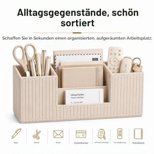 GORESE Schreibtisch Organizer,Multifunktionaler Stiftehalter Schreibtisch Stifte Organizer PU Leder Tisch Organizer Mit 4 Fächer Büro Organizer Büroorganisation Büro Gadgets für Büro Zuhause(Beige)