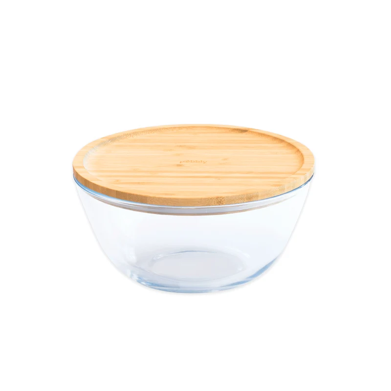 pebbly - Runde Glasschüssel mit Bambusdeckel - 2600 ml