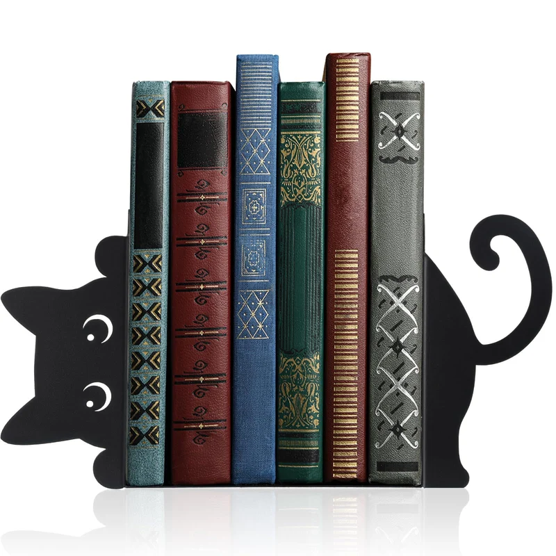 Buchstützen aus Metall, 2 Stück kreative Katze Bücherstütze Schwarz, dekorative Buchhalter im Katzen-Design, für Regal, Schule, Büro und Zuhause, Geschenk für Katzenliebhaber und Leseenthusiasten