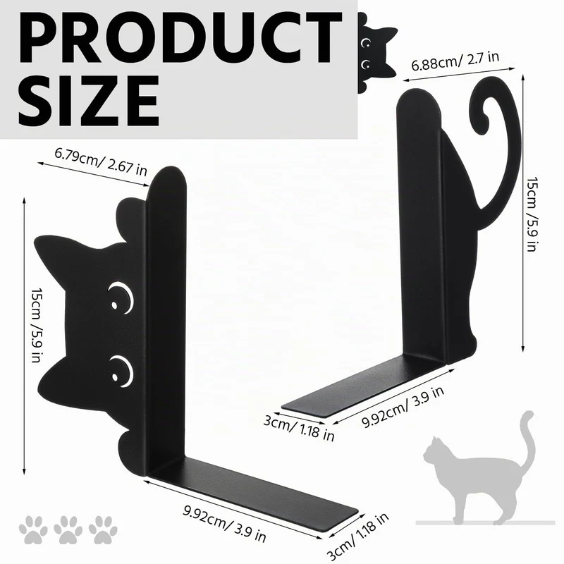 Buchstützen aus Metall, 2 Stück kreative Katze Bücherstütze Schwarz, dekorative Buchhalter im Katzen-Design, für Regal, Schule, Büro und Zuhause, Geschenk für Katzenliebhaber und Leseenthusiasten