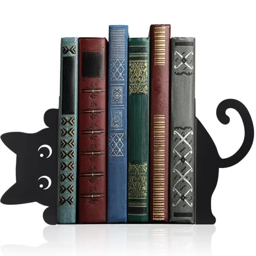 Buchstützen aus Metall, 2 Stück kreative Katze Bücherstütze Schwarz, dekorative Buchhalter im Katzen-Design, für Regal, Schule, Büro und Zuhause, Geschenk für Katzenliebhaber und Leseenthusiasten