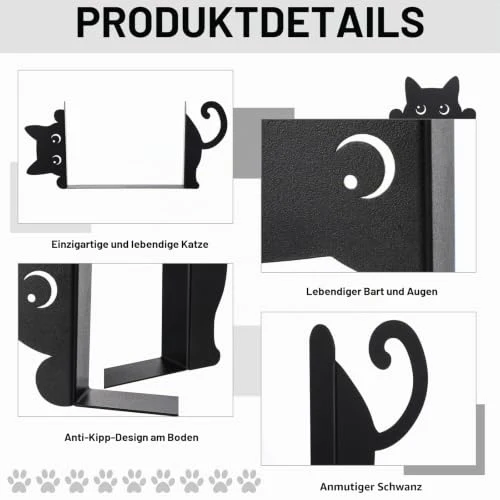 Buchstützen aus Metall, 2 Stück kreative Katze Bücherstütze Schwarz, dekorative Buchhalter im Katzen-Design, für Regal, Schule, Büro und Zuhause, Geschenk für Katzenliebhaber und Leseenthusiasten