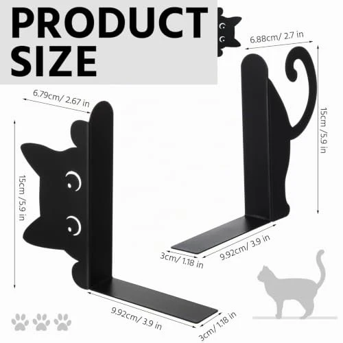Buchstützen aus Metall, 2 Stück kreative Katze Bücherstütze Schwarz, dekorative Buchhalter im Katzen-Design, für Regal, Schule, Büro und Zuhause, Geschenk für Katzenliebhaber und Leseenthusiasten