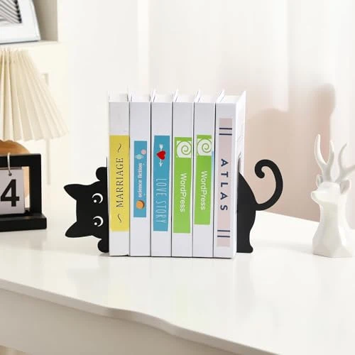 Buchstützen aus Metall, 2 Stück kreative Katze Bücherstütze Schwarz, dekorative Buchhalter im Katzen-Design, für Regal, Schule, Büro und Zuhause, Geschenk für Katzenliebhaber und Leseenthusiasten