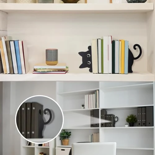 Buchstützen aus Metall, 2 Stück kreative Katze Bücherstütze Schwarz, dekorative Buchhalter im Katzen-Design, für Regal, Schule, Büro und Zuhause, Geschenk für Katzenliebhaber und Leseenthusiasten