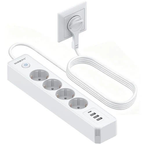 Steckdosenleiste Flachstecker USB-C, 4-Fach Mehrfachsteckdose mit Schalter