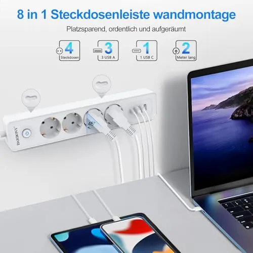 Steckdosenleiste Flachstecker USB-C, 4-Fach Mehrfachsteckdose mit Schalter