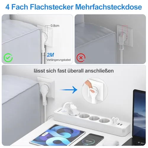 Steckdosenleiste Flachstecker USB-C, 4-Fach Mehrfachsteckdose mit Schalter
