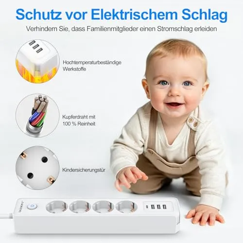 Steckdosenleiste Flachstecker USB-C, 4-Fach Mehrfachsteckdose mit Schalter