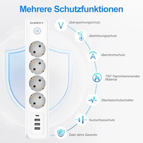 Steckdosenleiste Flachstecker USB-C, 4-Fach Mehrfachsteckdose mit Schalter