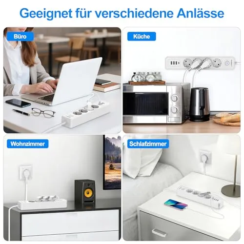 Steckdosenleiste Flachstecker USB-C, 4-Fach Mehrfachsteckdose mit Schalter