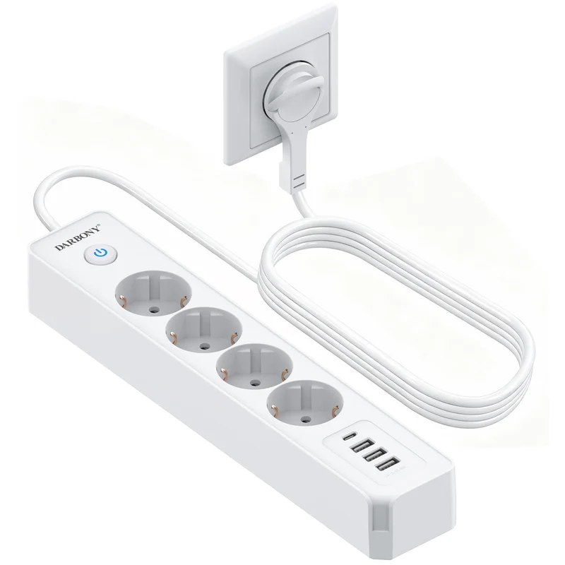 Steckdosenleiste Flachstecker USB-C, 4-Fach Mehrfachsteckdose mit Schalter