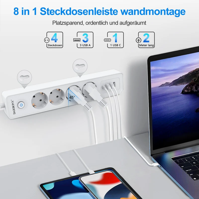 Steckdosenleiste Flachstecker USB-C, 4-Fach Mehrfachsteckdose mit Schalter