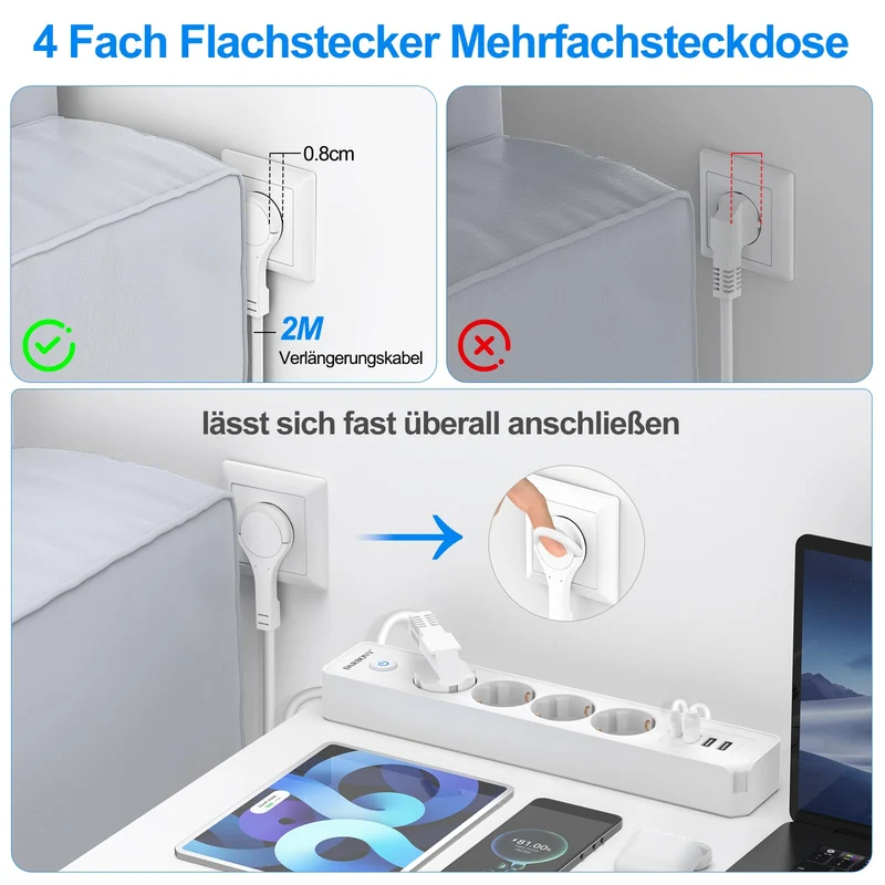 Steckdosenleiste Flachstecker USB-C, 4-Fach Mehrfachsteckdose mit Schalter