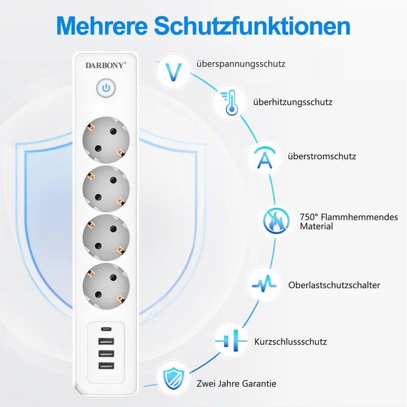 Steckdosenleiste Flachstecker USB-C, 4-Fach Mehrfachsteckdose mit Schalter