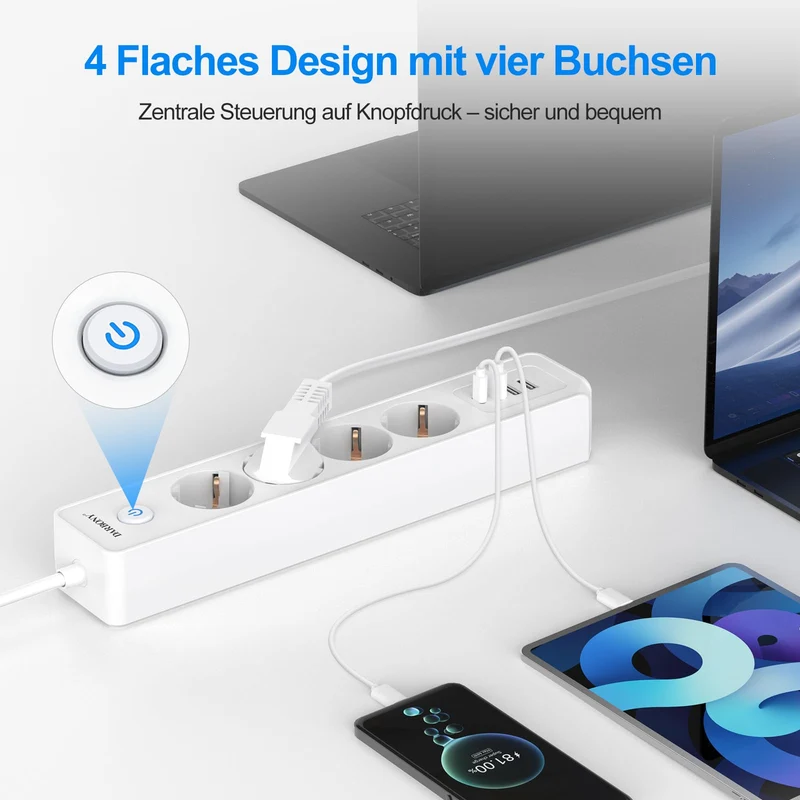 Steckdosenleiste Flachstecker USB-C, 4-Fach Mehrfachsteckdose mit Schalter