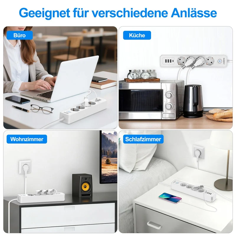 Steckdosenleiste Flachstecker USB-C, 4-Fach Mehrfachsteckdose mit Schalter