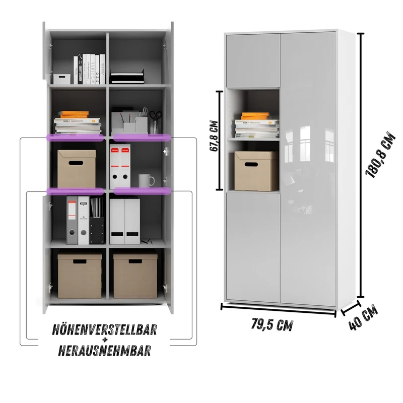 Büroschrank Amira T20, Weiß/Weiß Hochglanz, 180x80x40 cm