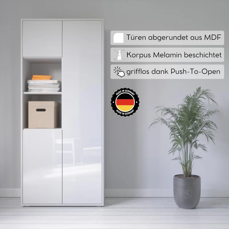 Büroschrank Amira T20, Weiß/Weiß Hochglanz, 180x80x40 cm