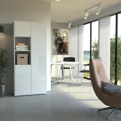 Büroschrank Amira T20, Weiß/Weiß Hochglanz, 180x80x40 cm