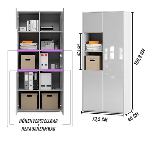 Büroschrank Amira T20, Weiß/Weiß Hochglanz, 180x80x40 cm
