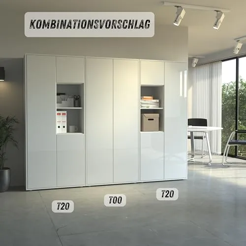 Büroschrank Amira T20, Weiß/Weiß Hochglanz, 180x80x40 cm