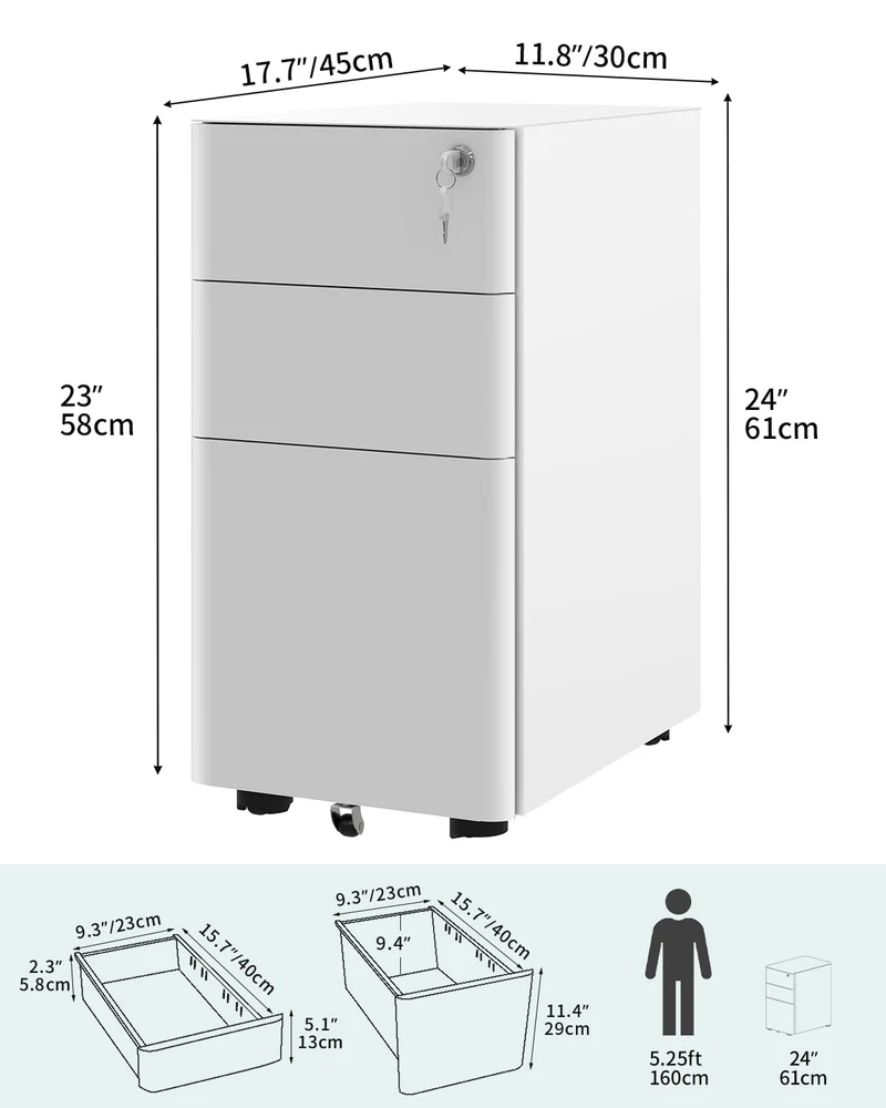 YITAHOME Rollcontainer mit 3 Schubladen, Metall Abschließbar Aktenschrank für A4, Legal, Letter, Mobiler Büroschrank mit Rollen für Home-Office, Hängeregistratur, 45 x 30 x 61cm, Weiß