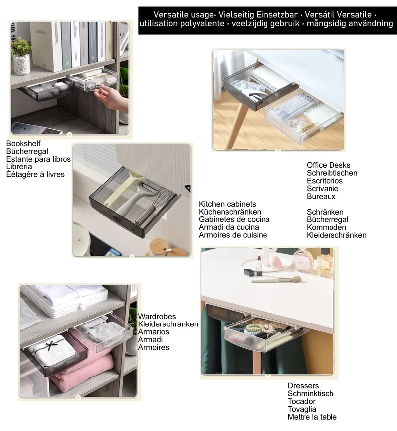 TUKA Unterschreibtisch-Schubladen 24x21x8cm, Selbstklebende Schubladen, Versteckte Unterbauschublade Aufbewahrungsbox unter Schreibtisch, Utensilien Stiftebox Matte Schwarz TKD8606-1X