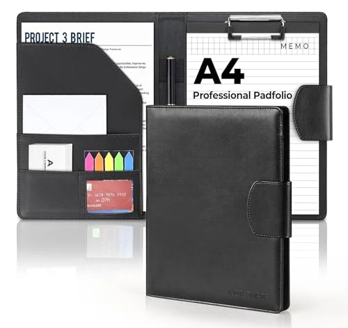 A4 Klemmbrett Schreibmappe Mit Magnetschluss,Ordner Klemmbrettmappe DIN A4 aus PU-Leder,Portfolio Padfolio mit Papier und Stift,Dokumentenmappe Schwarz für Bürobedarf Schule Business Arbeit