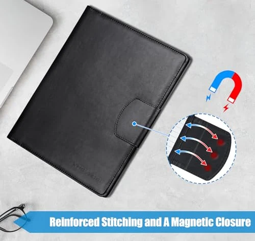 A4 Klemmbrett Schreibmappe Mit Magnetschluss,Ordner Klemmbrettmappe DIN A4 aus PU-Leder,Portfolio Padfolio mit Papier und Stift,Dokumentenmappe Schwarz für Bürobedarf Schule Business Arbeit