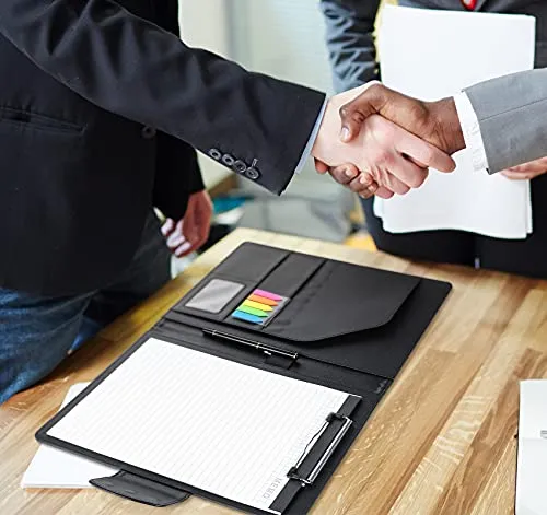 A4 Klemmbrett Schreibmappe Mit Magnetschluss,Ordner Klemmbrettmappe DIN A4 aus PU-Leder,Portfolio Padfolio mit Papier und Stift,Dokumentenmappe Schwarz für Bürobedarf Schule Business Arbeit
