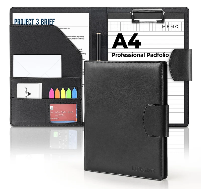 A4 Klemmbrett Schreibmappe Mit Magnetschluss,Ordner Klemmbrettmappe DIN A4 aus PU-Leder,Portfolio Padfolio mit Papier und Stift,Dokumentenmappe Schwarz für Bürobedarf Schule Business Arbeit