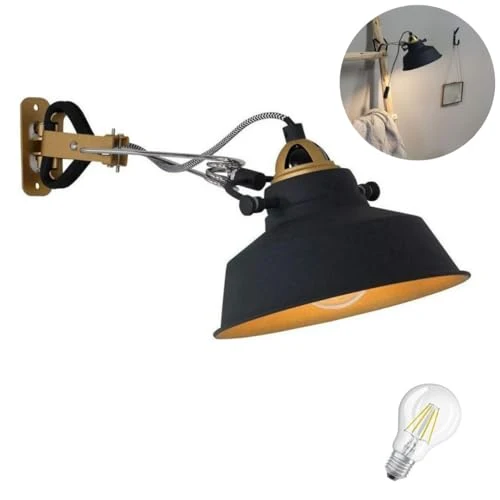 Vintage Bettleuchte Klemmbar Schwarz/Gold – Verstellbare Nachttischlampe mit Flexiblem Gelenkarm, LED Geeignet, Retro Design für Bett, Nachttisch, Arbeitszimmer, Beistelltisch, Leselampe