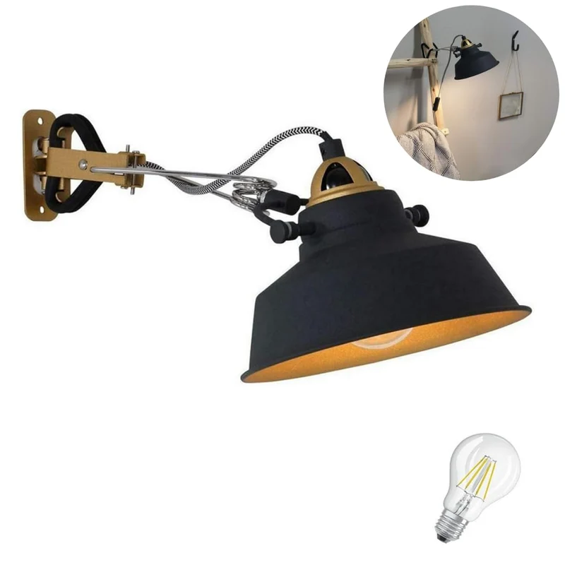 Vintage Bettleuchte Klemmbar Schwarz/Gold – Verstellbare Nachttischlampe mit Flexiblem Gelenkarm, LED Geeignet, Retro Design für Bett, Nachttisch, Arbeitszimmer, Beistelltisch, Leselampe