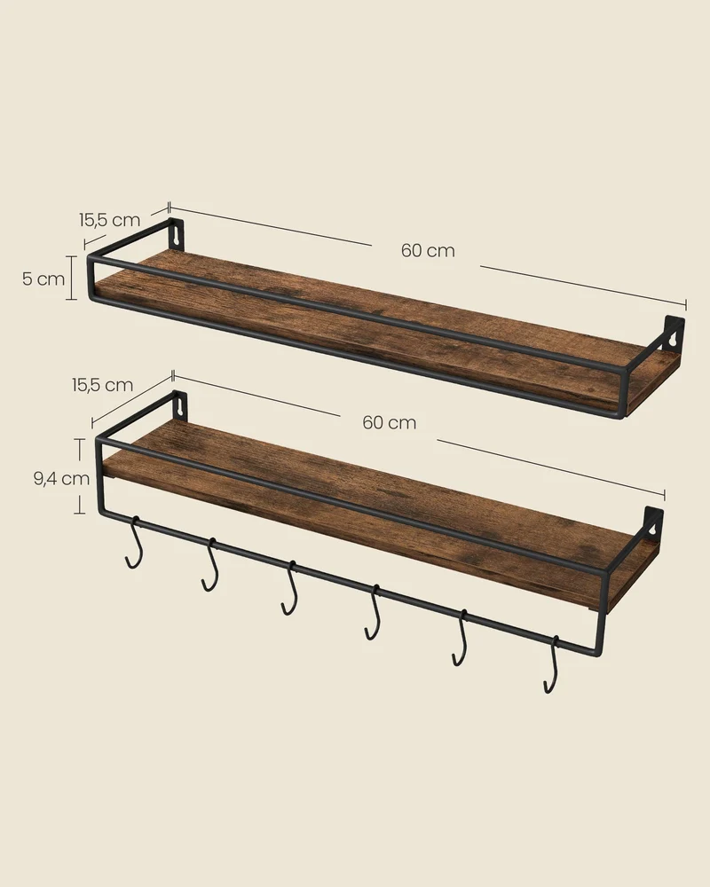 VASAGLE Wandregal, 2er Set, Schweberegal mit Stange, 60 cm breit