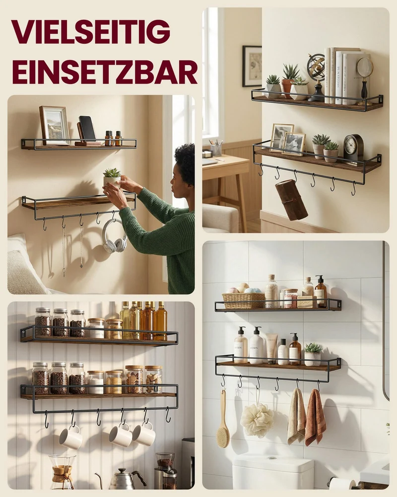 VASAGLE Wandregal, 2er Set, Schweberegal mit Stange, 60 cm breit