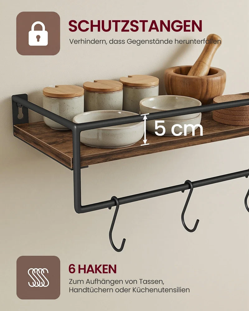 VASAGLE Wandregal, 2er Set, Schweberegal mit Stange, 60 cm breit