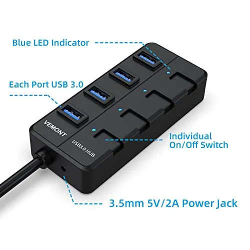 USB Hub mit Netzteil,VEMONT 4 Ports USB Verteiler Aktiv mit 5V/3A Adapter