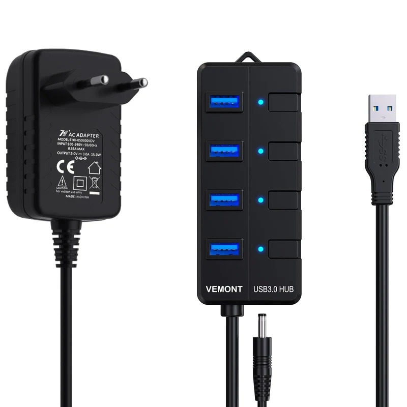 USB Hub mit Netzteil,VEMONT 4 Ports USB Verteiler Aktiv mit 5V/3A Adapter
