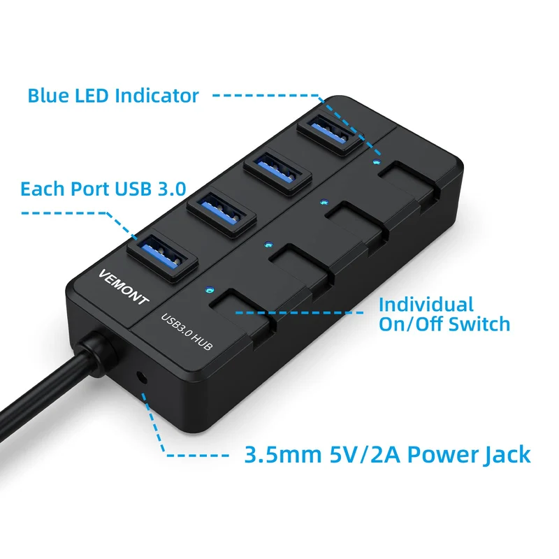 USB Hub mit Netzteil,VEMONT 4 Ports USB Verteiler Aktiv mit 5V/3A Adapter
