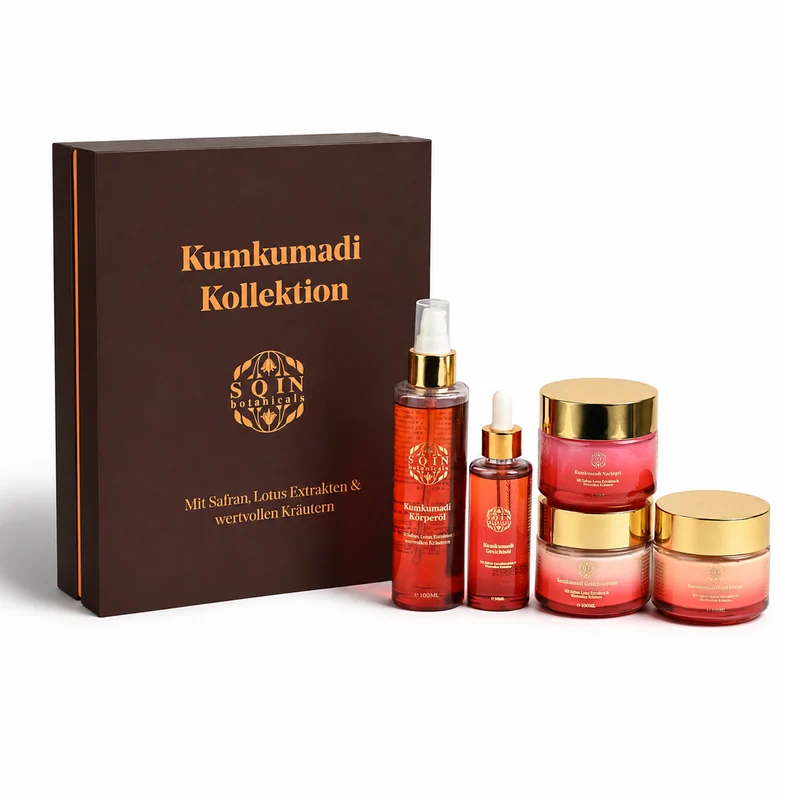 Sqin Botanicals KUMKUMADI Geschenkset, 5-teilig: Gesichtscreme, Nachtgel, Cold Cream und Körperöl (je 100 g) sowie Gesichtsöl (50 ml)