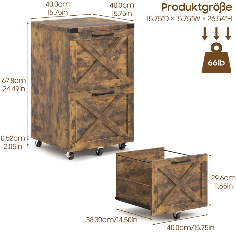 BonVache Rollcontainer Aktenschrank, Mobiler Büroschrank mit 2 Schubladen