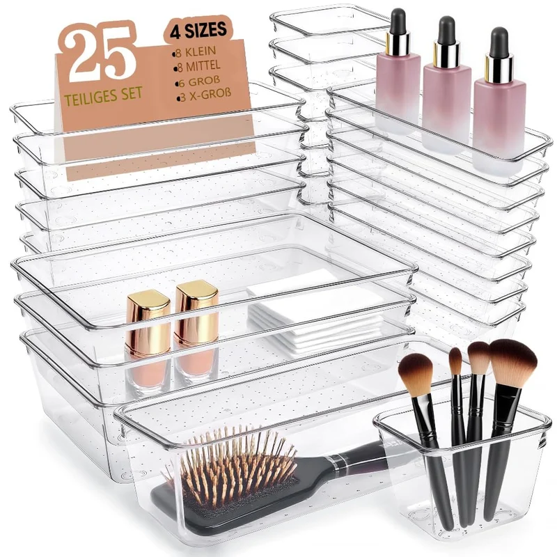 Schubladen Organizer, 25 Stück in 4 Größen, Kunststoff, Schminktisch und Make-up Organizer, Ordnungssystem (Transparent)