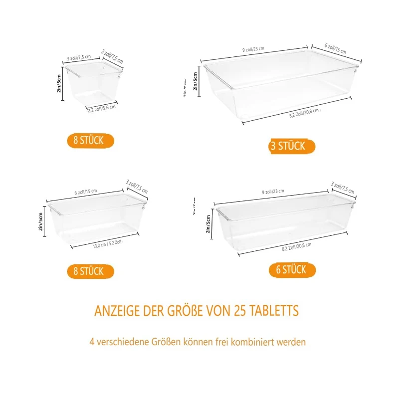 Schubladen Organizer, 25 Stück in 4 Größen, Kunststoff, Schminktisch und Make-up Organizer, Ordnungssystem (Transparent)