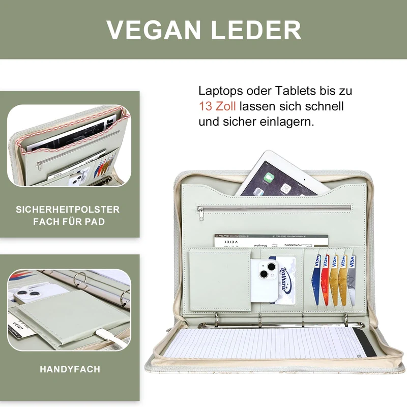 Leathario Schreibmappe A4 mit 5er Register DIN A4，Konferenzmappe mit 4 Ringbuch，Dokumentenmappe mit Reißverschluss,Ordner für Meeting, Business,Mappe für Geschäftsreisen
