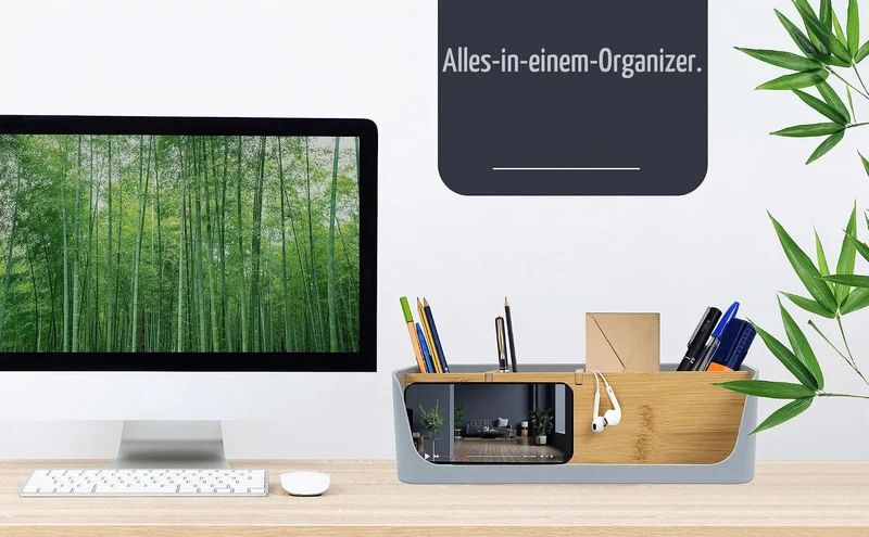 ECO Schreibtisch Organizer | Tisch- Büro- Kosmetik- Organizer | Handy & Tablet Halterung | Stiftehalter Schreibtisch | Briefablage | Serviettenhalter | Organizer box | (groß, grau)